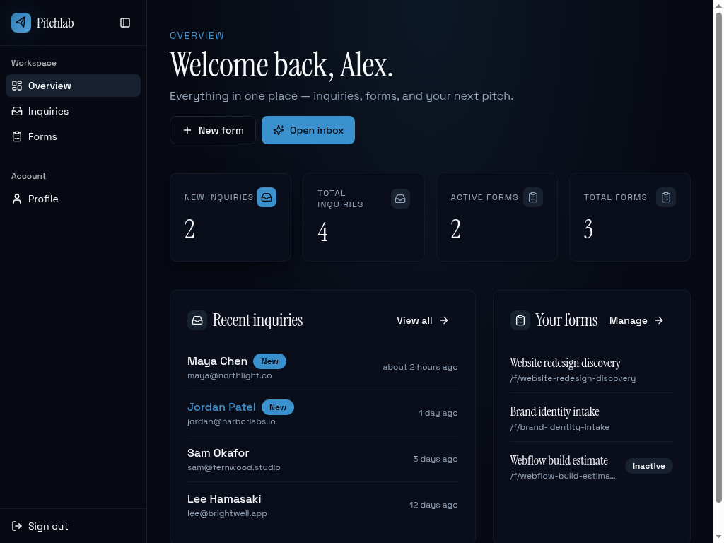 Dashboard with greeting, stats, recent inquiries and forms