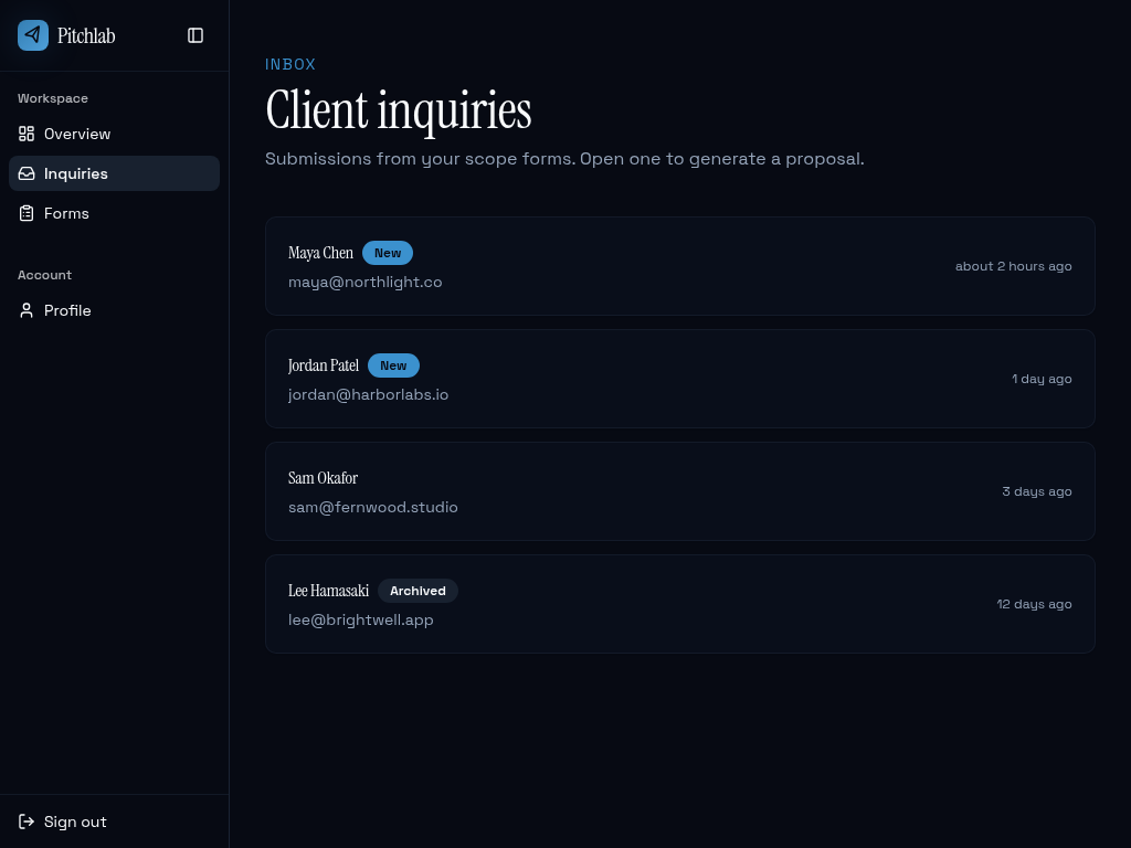 Inquiries list with status pills