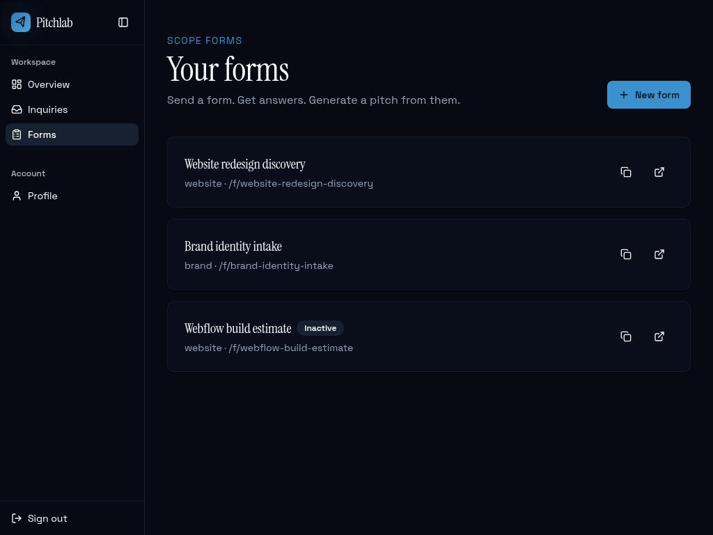 Forms list with share links