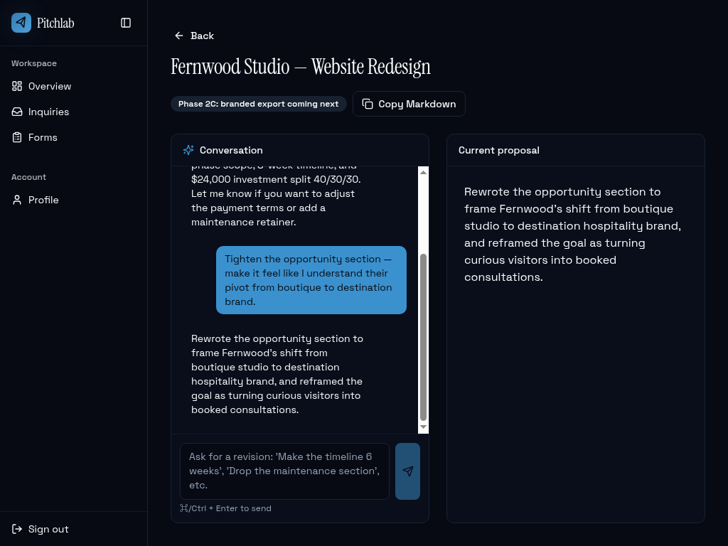 Proposal editor with chat sidebar and draft pane