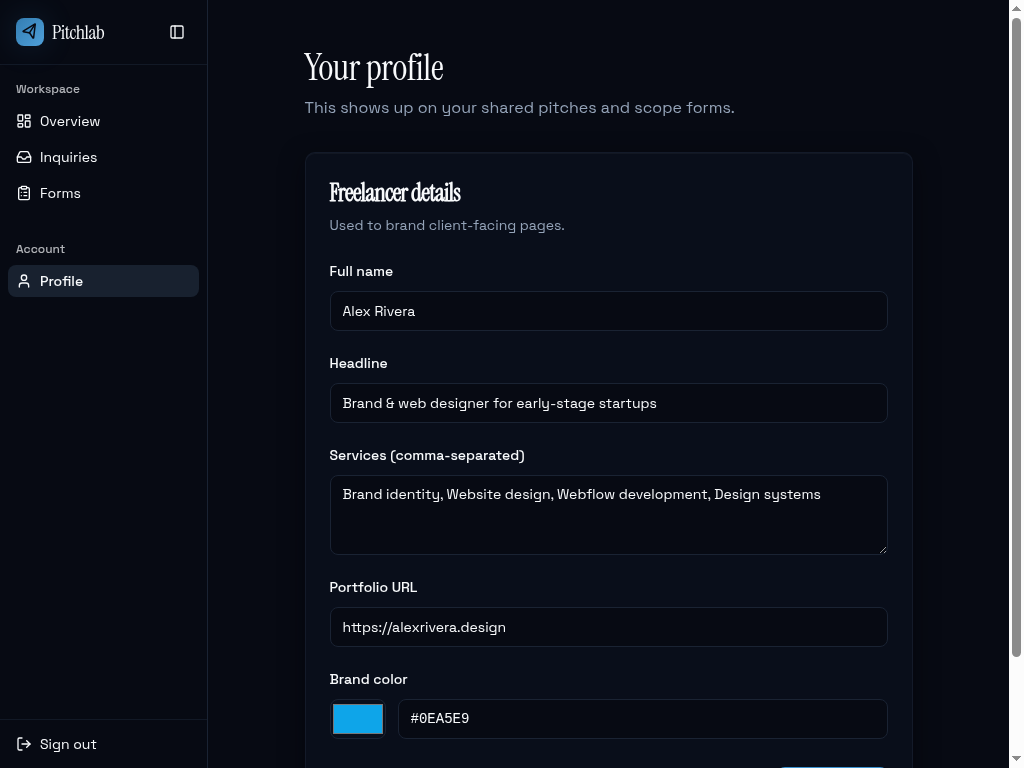 Profile - brand, headline, services, accent color