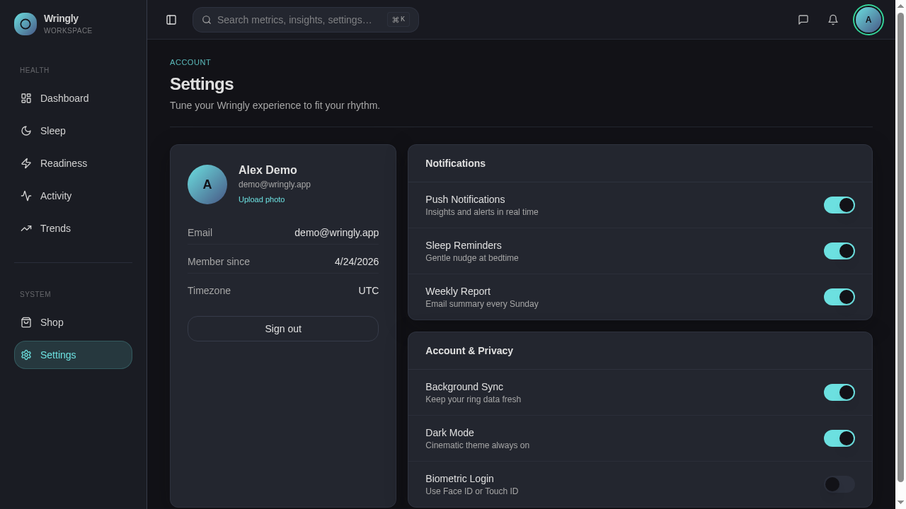 Settings - profile, notifications, privacy, sign-out